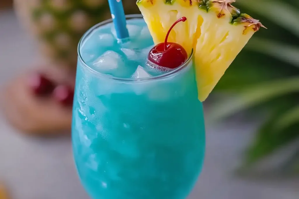 The Best Blue Hawaii Mocktail Non Alcoholic Recipe 1 blue hawaii mocktail in a tropical