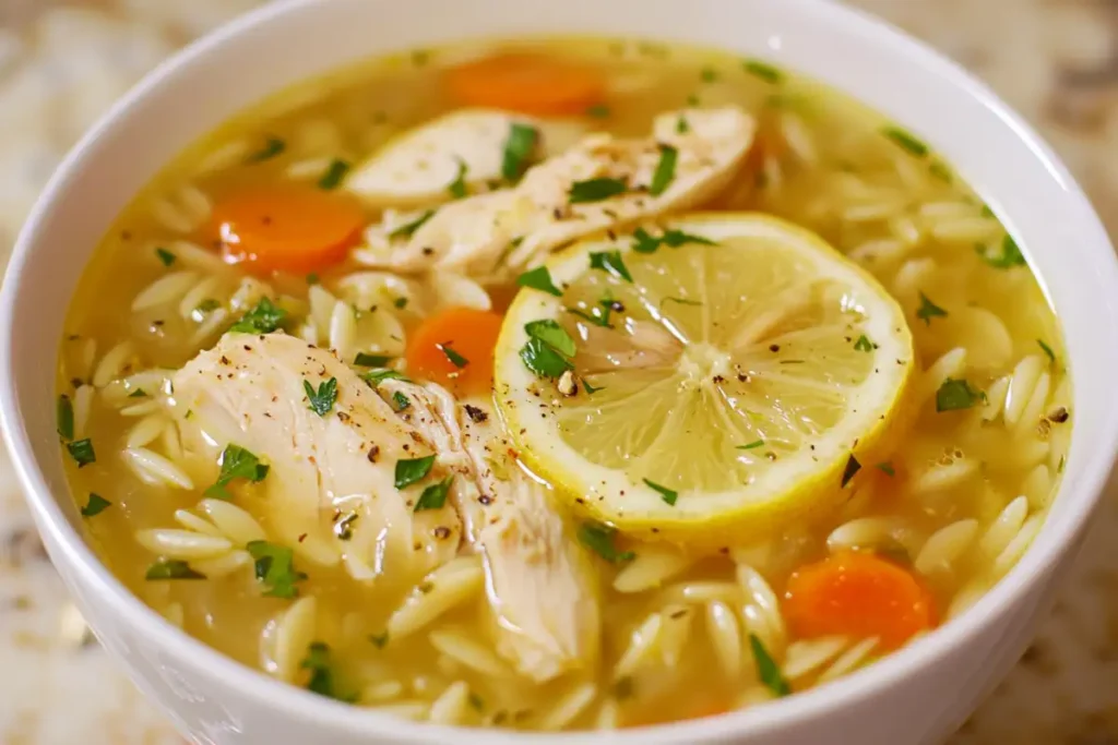 Lemon Chicken Orzo Soup – The Best Healthy, Hearty & Quick Recipe 1 Lemon Chicken Orzo Soup IN A white boll
