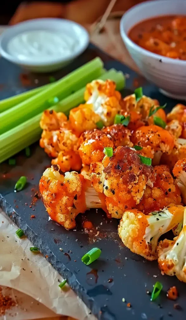 Buffalo air fryer cauliflower with celery sticks