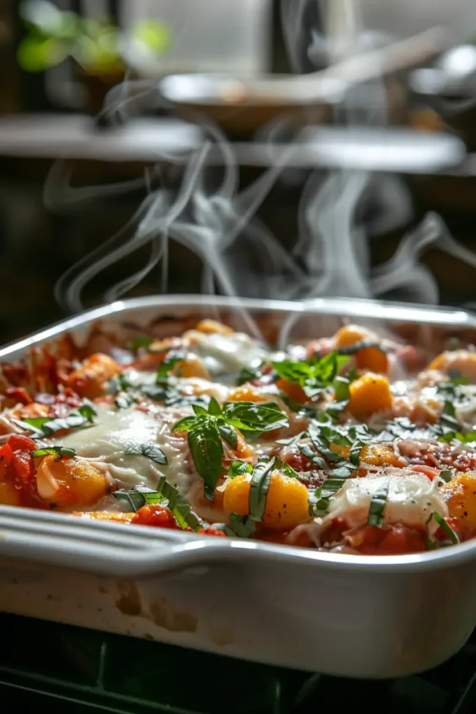 layering mozzarella and sauce in gnocchi alla sorrentina