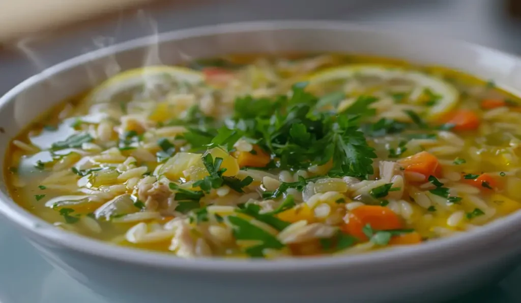 lemon chicken orzo soup with lemon slices and parsley