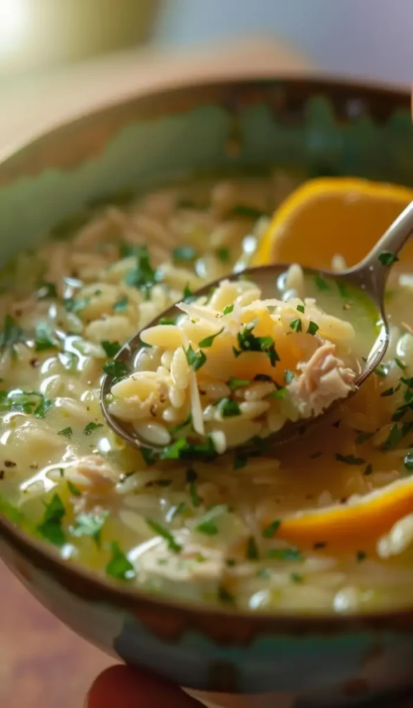 serving lemon chicken orzo soup with garnish
