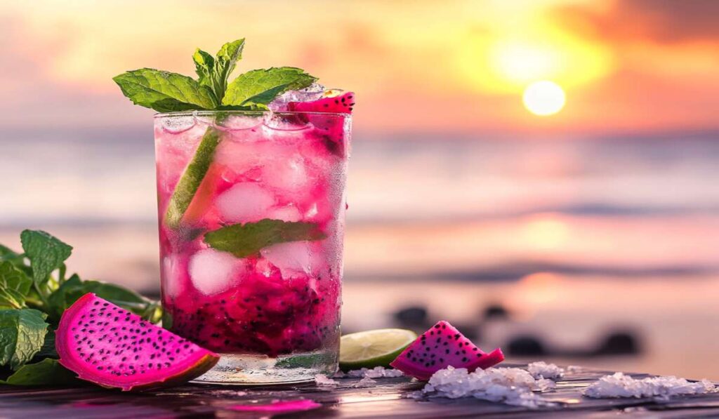 Pink coconut mojito with tropical garnish
