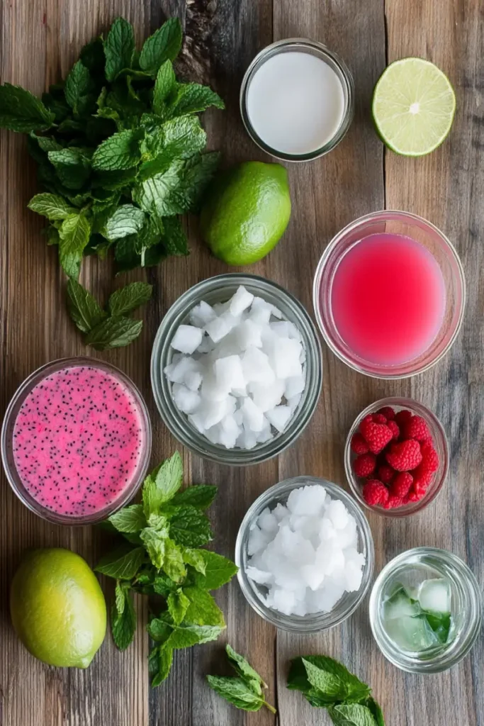 Ingredients for making a pink coconut mojito