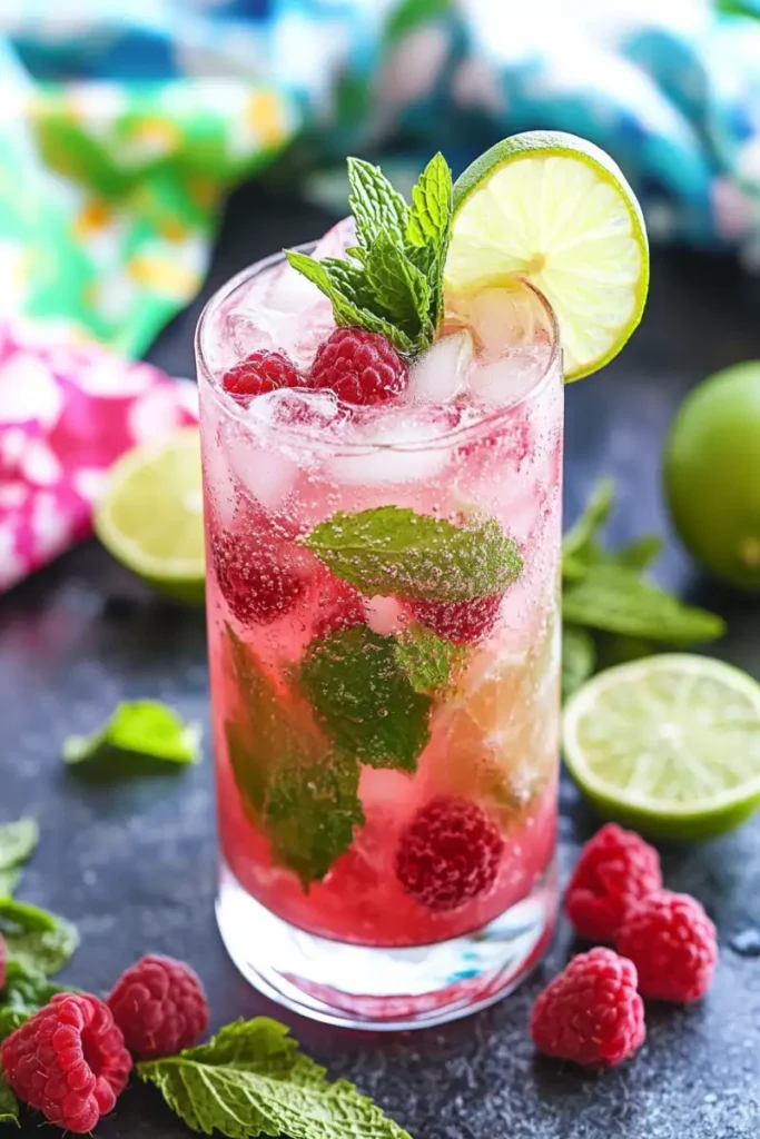 Served pink coconut mojito with garnishes