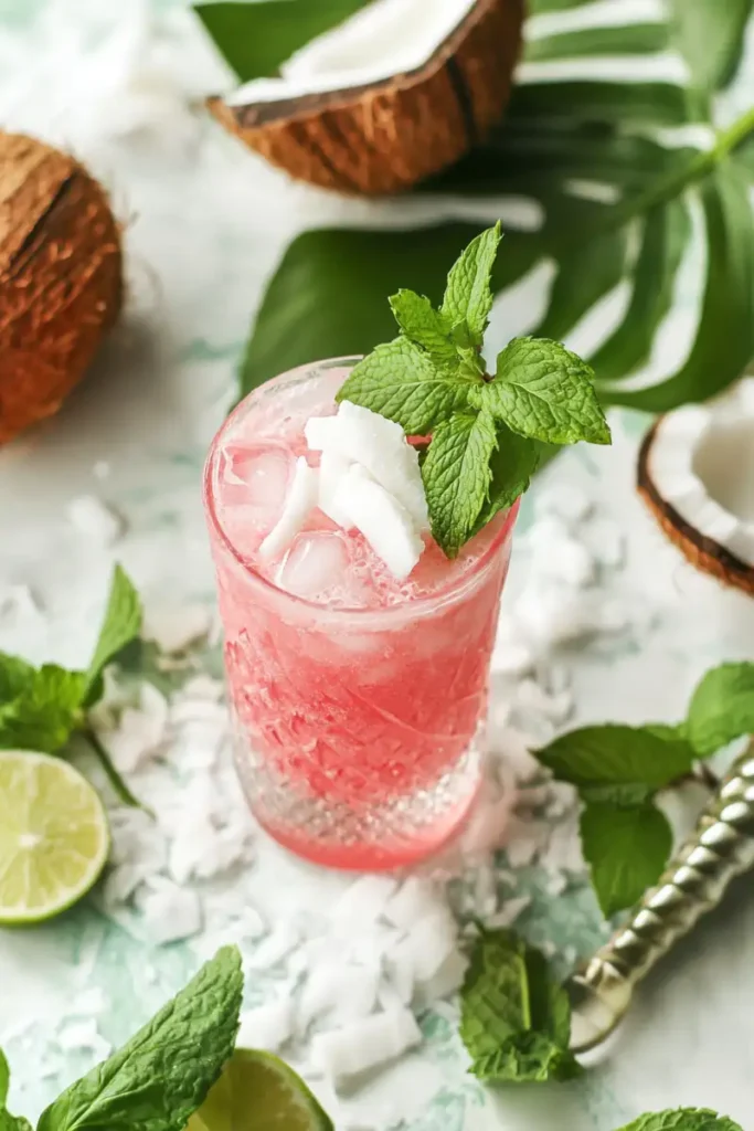 Pink coconut mojito recipe card visual