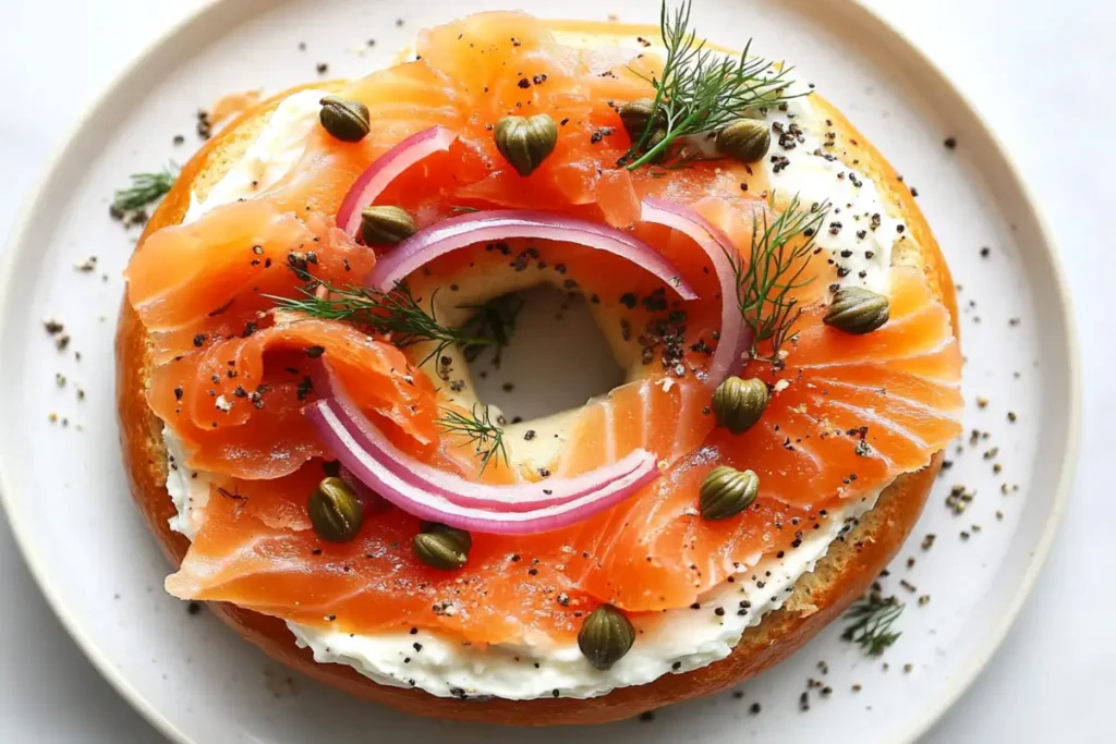 bagel and salmon on white plate
