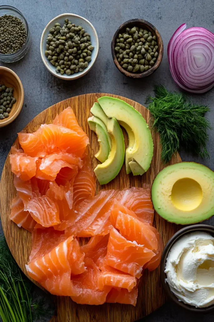 ingredients for bagel and salmon
