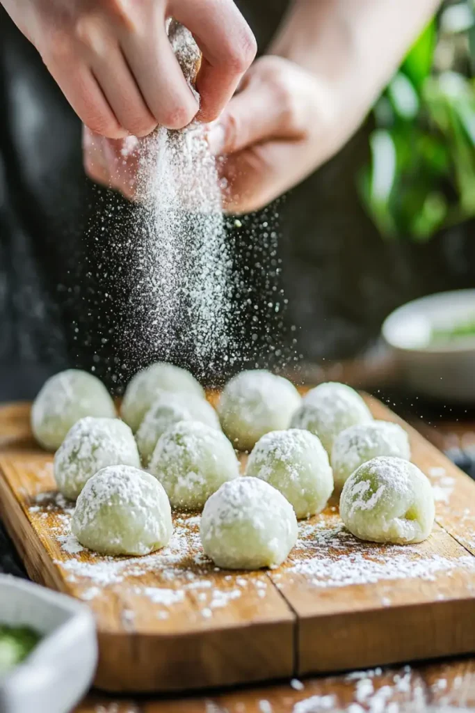 Making tea mochi with matcha and starch