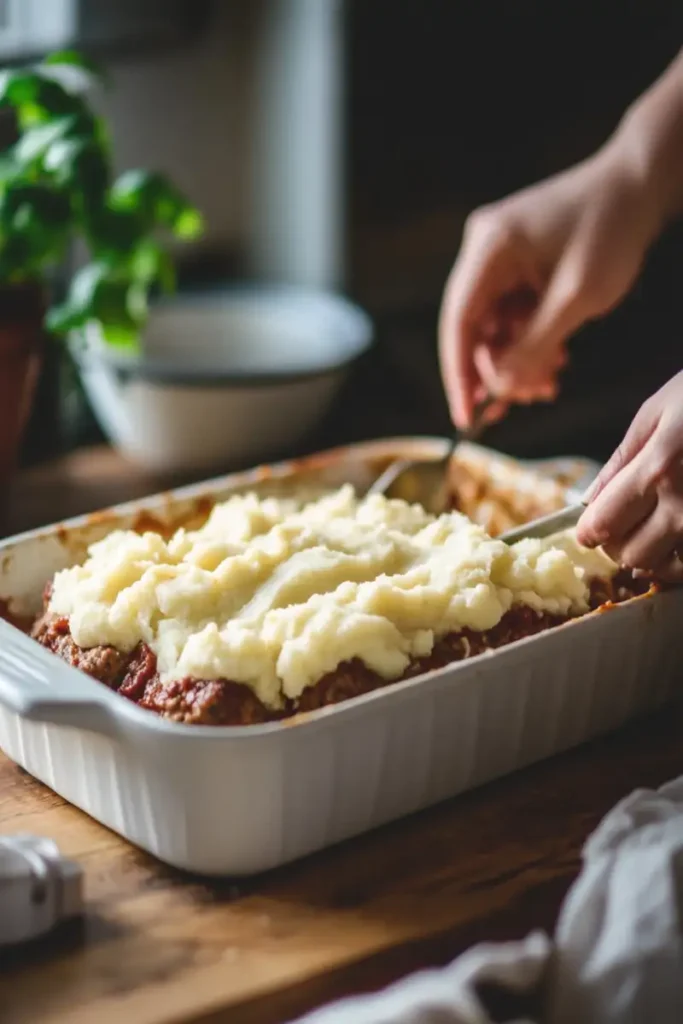 Layering mashed potatoes over a meatloaf base in a casserole dish
