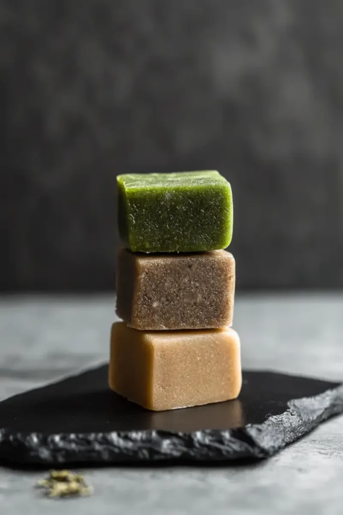 Trio of flavored tea mochi ready to eat