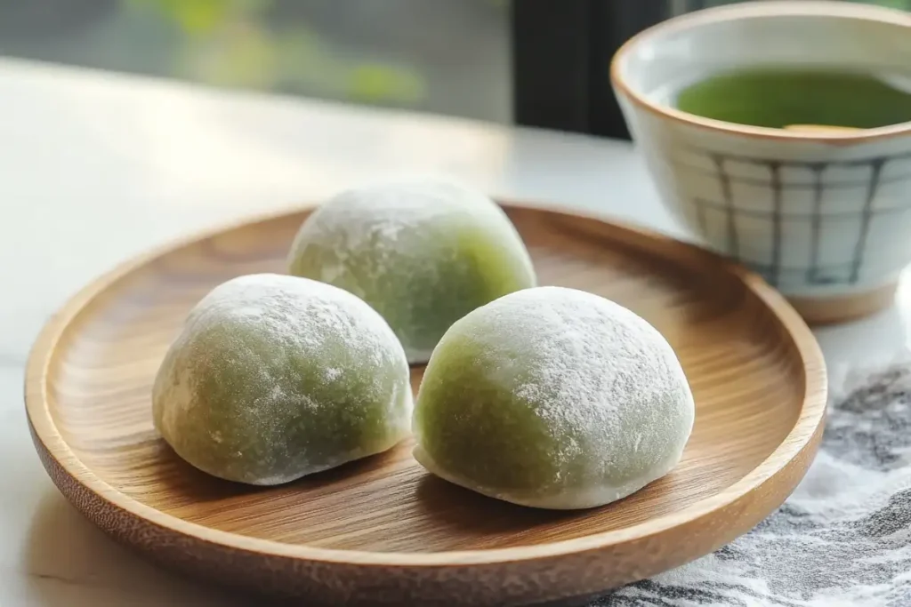 Tea mochi served with green tea on wooden plate