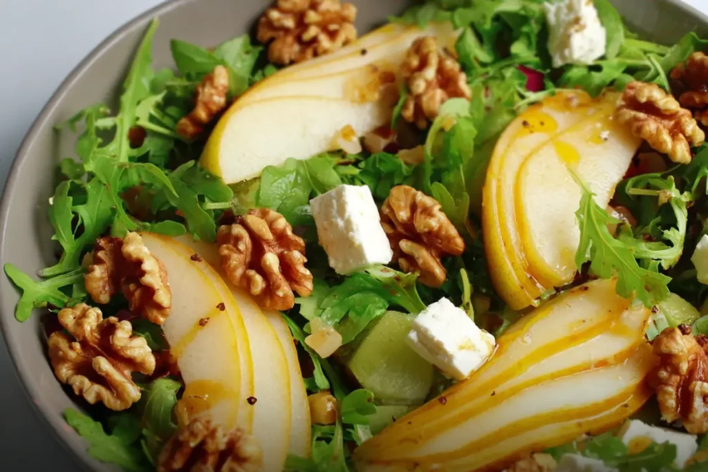 Pear Salad with Walnuts – Fresh, Crunchy & Easy to Make 1 Pear Salad with Walnuts topped with goat cheese and balsamic